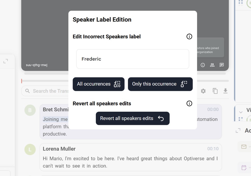 Speaker Label Edition dialog showing name input field, All occurrences and Only this occurrence buttons, and Revert all speakers edits option