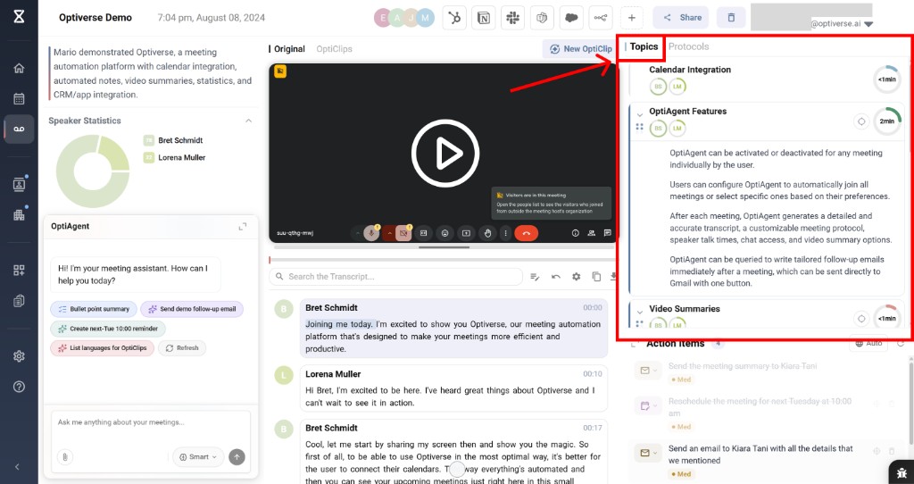 Topics tab on the right panel showing topic analysis with speaker participation and time spent