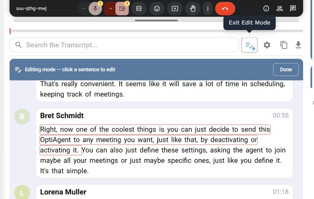 Transcript in editing mode showing editable sentences highlighted with an Exit Edit Mode button