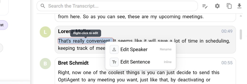 Right-click context menu on transcript showing Edit Speaker and Edit Sentence options